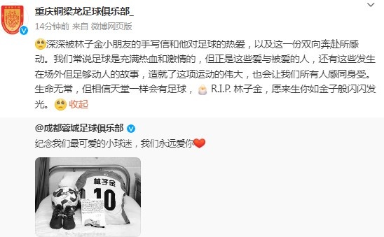 重庆铜梁龙悼念去世小球迷:愿来生你如金子般闪闪发光